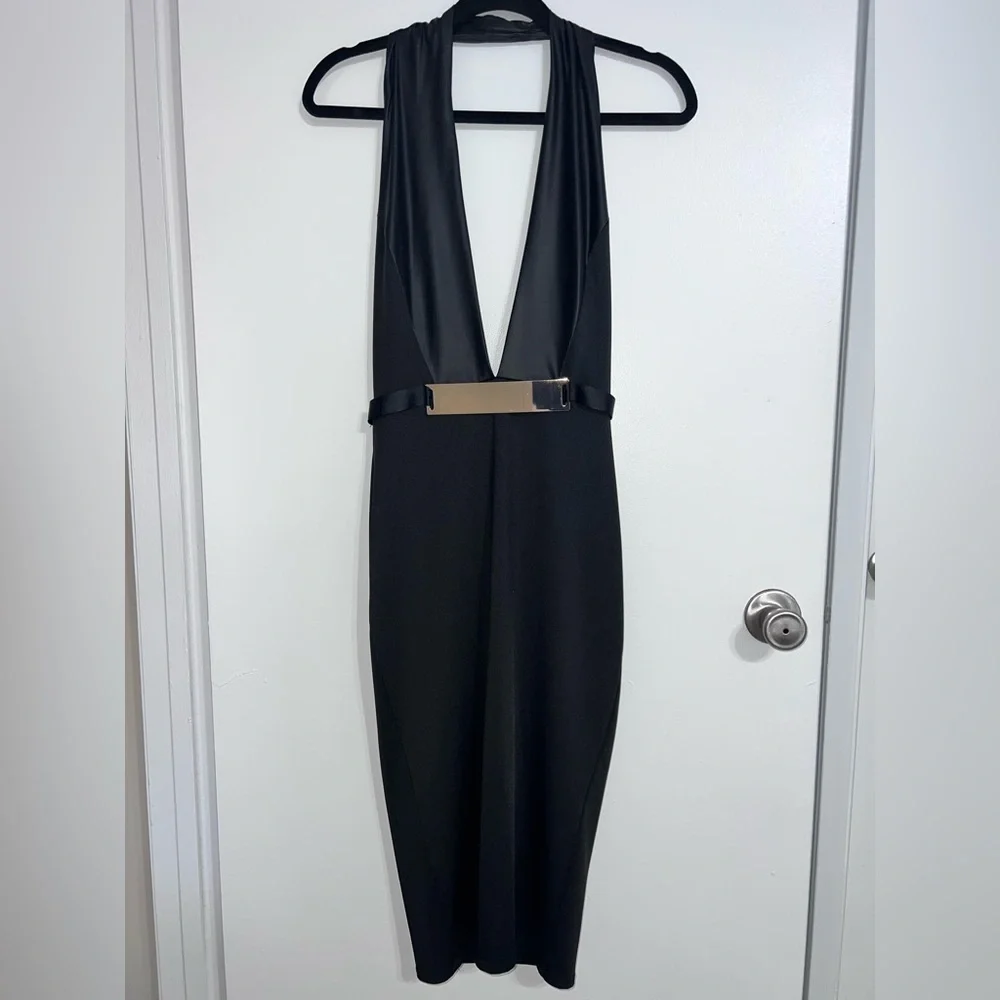 New Elegant Halter Black Plunge Dress - Picture 2 of 4